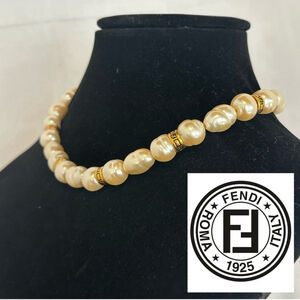 Ultra Rare VTG Signed Fendi Baroque Glass Pearl w Gold Accent Choker